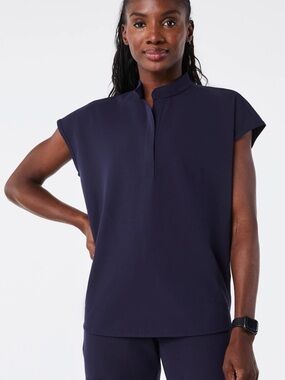 Figs Rafaela Navy Scrub Top Size XL Women's Mandarin Open Collar